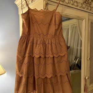 NEW Express tan eyelet ruffled tiered sun dress with scalloped hem
